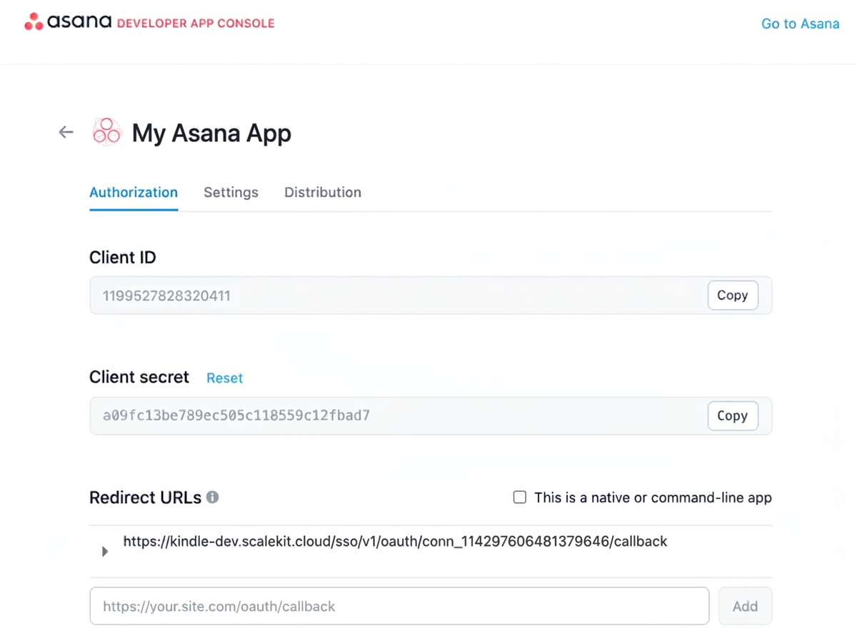 Adding Asana redirect URL