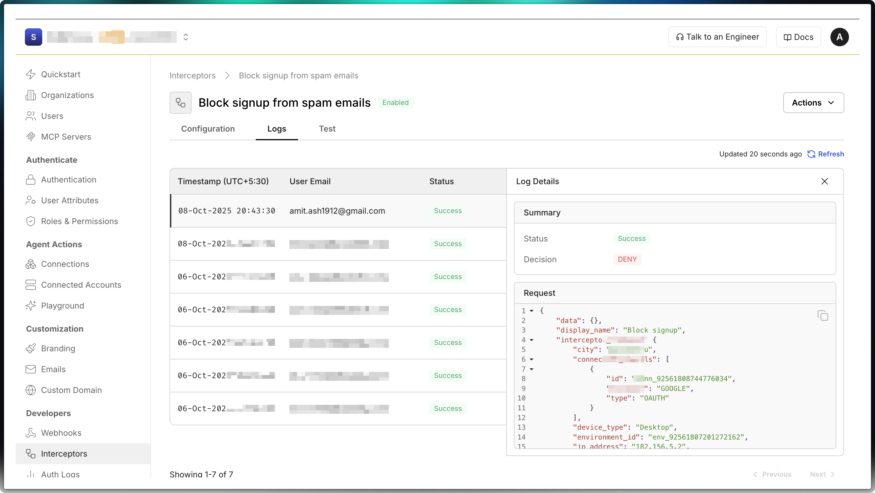 Interceptor logs in the dashboard
