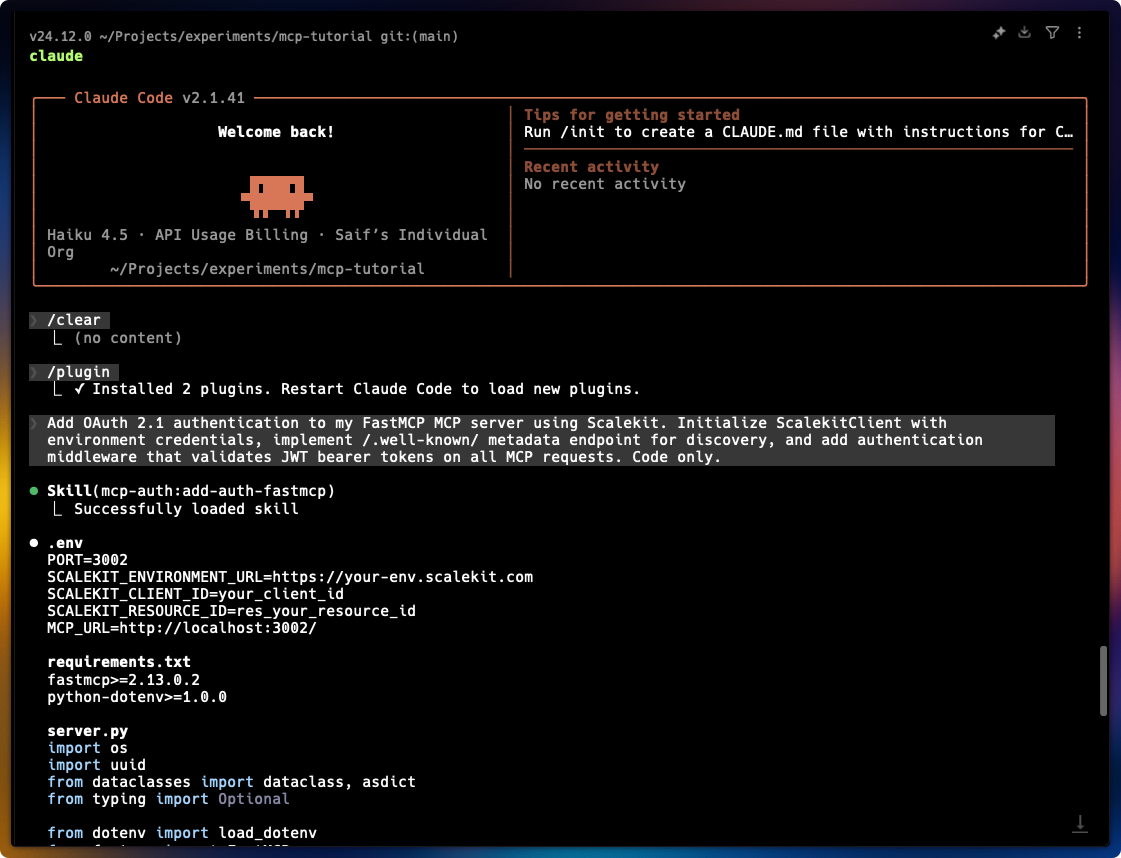 Claude Code activating MCP authentication skill