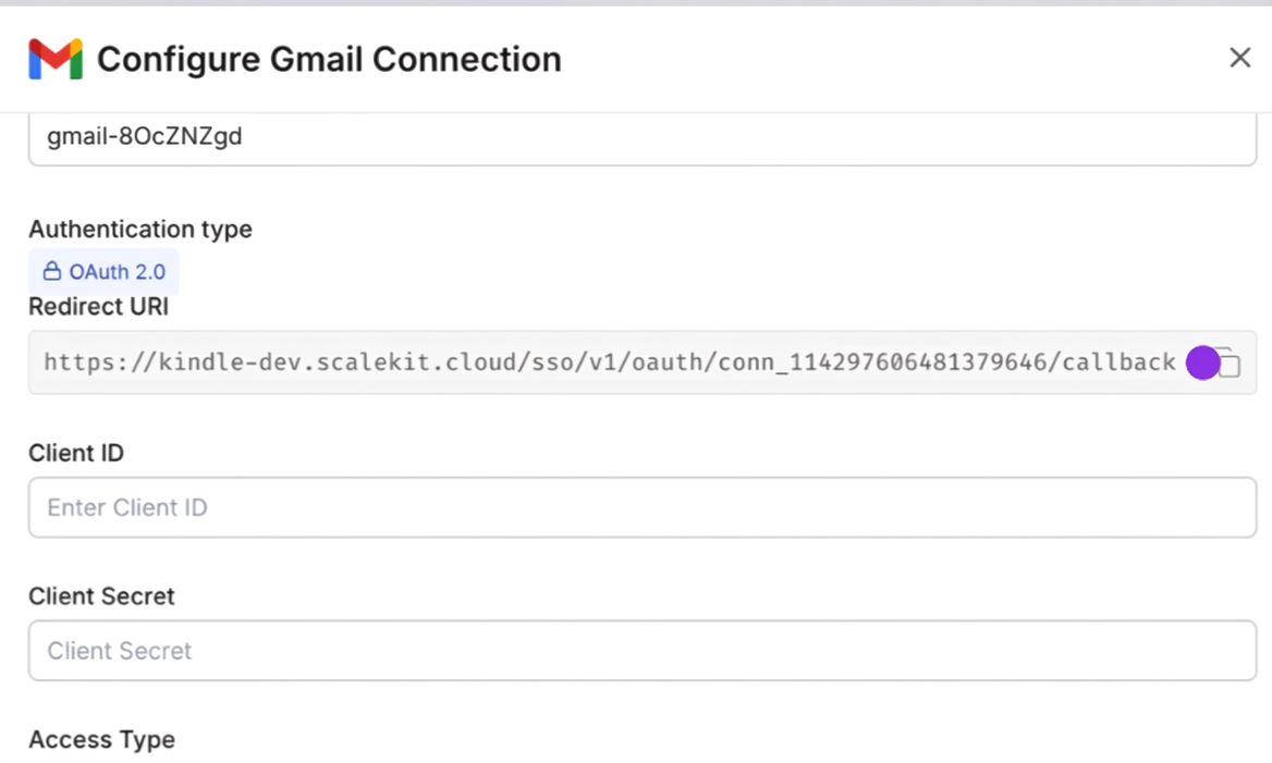 Configure Gmail Connection with redirect URI