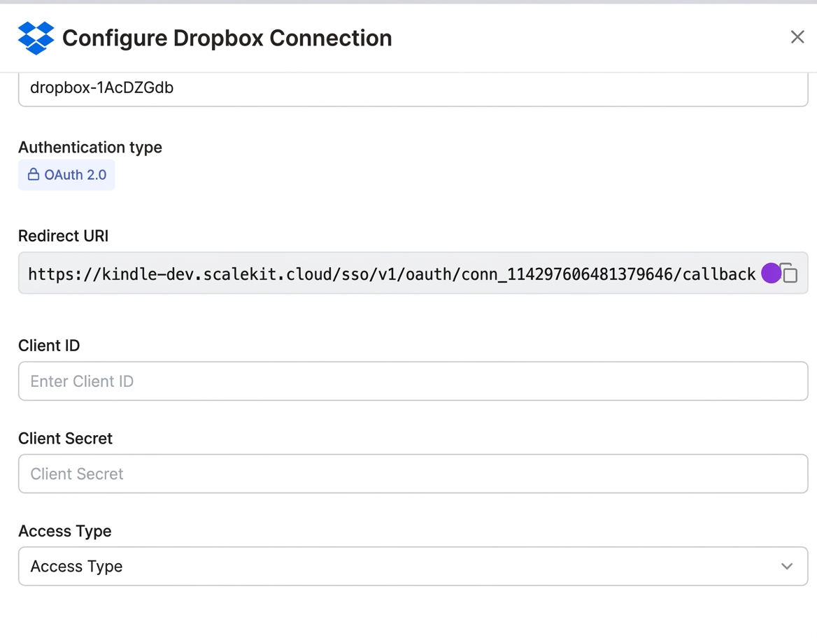 Configure Dropbox Connection with redirect URI