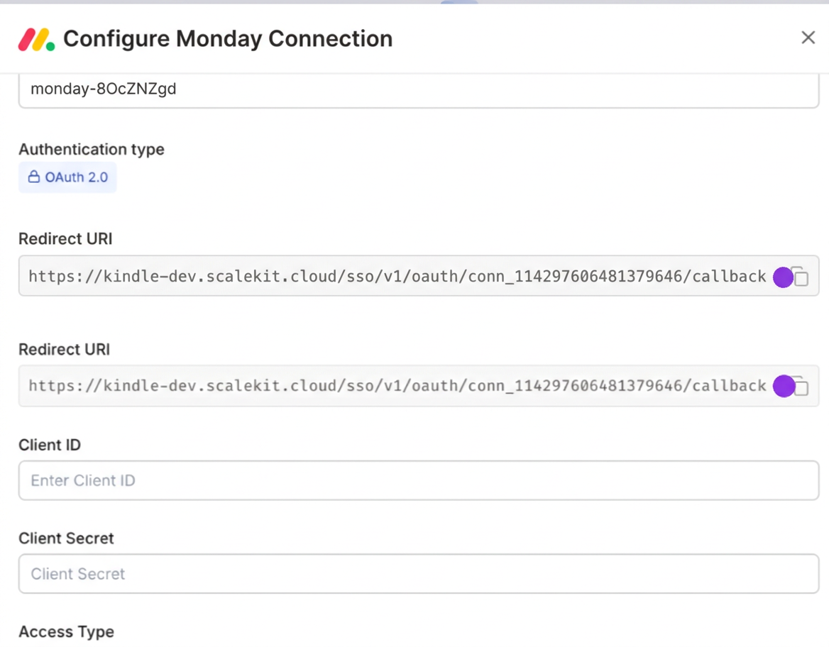 Configure Monday.com Connection with redirect URI