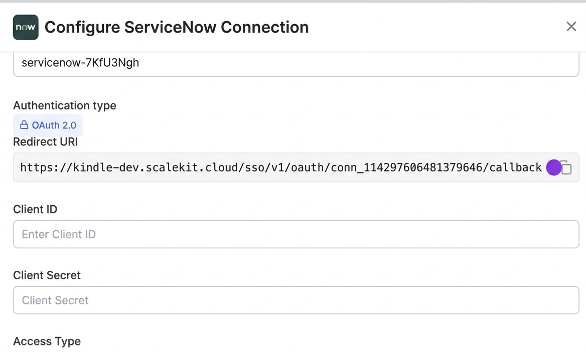 Configure ServiceNow Connection with redirect URI